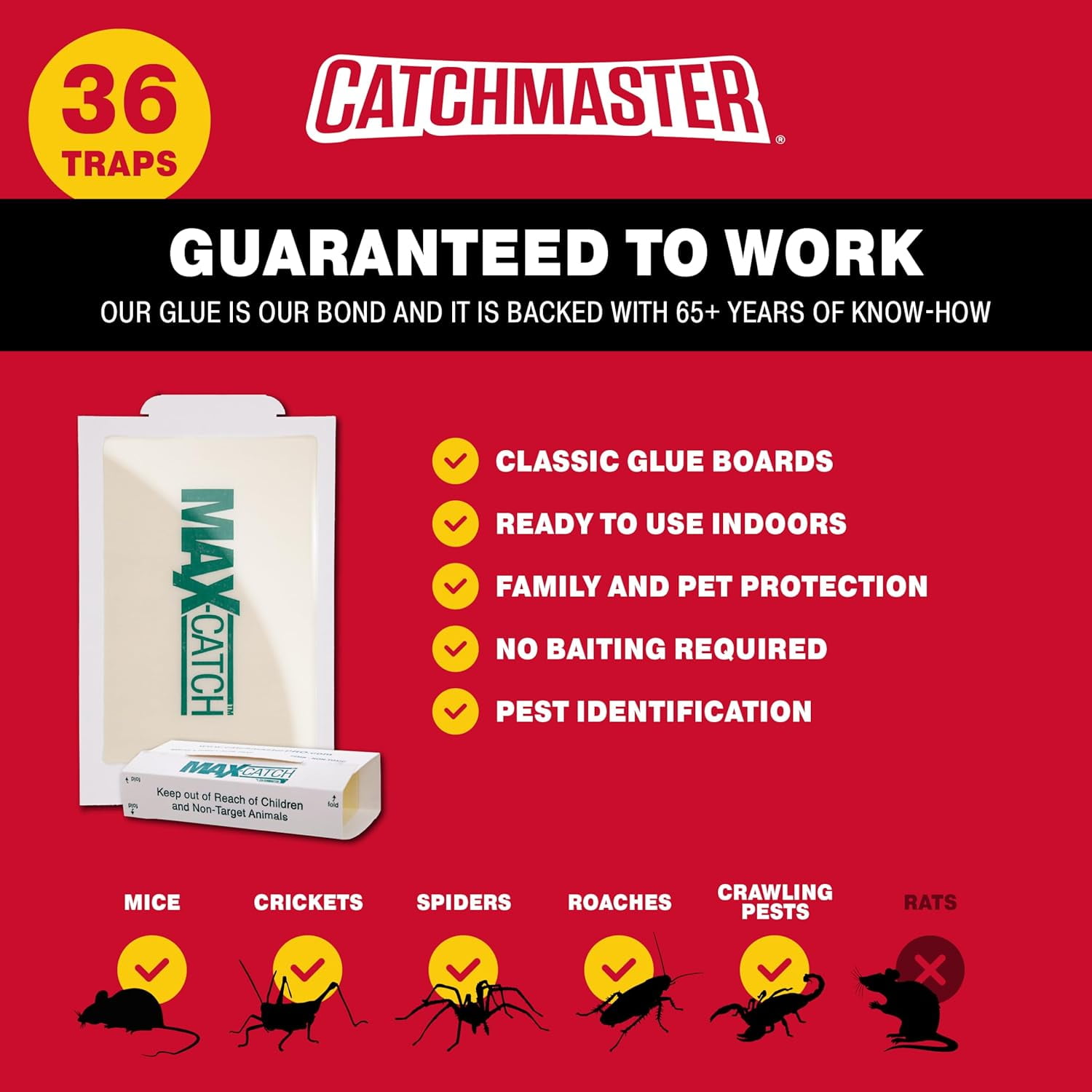 Max-Catch Mouse & Insect Glue Trap 36pk, Mouse Traps Indoor for Home, Sticky Pest Control Adhesive Tray for Catching Bugs, Non Toxic Bulk Pre-Baited Glue Boards
