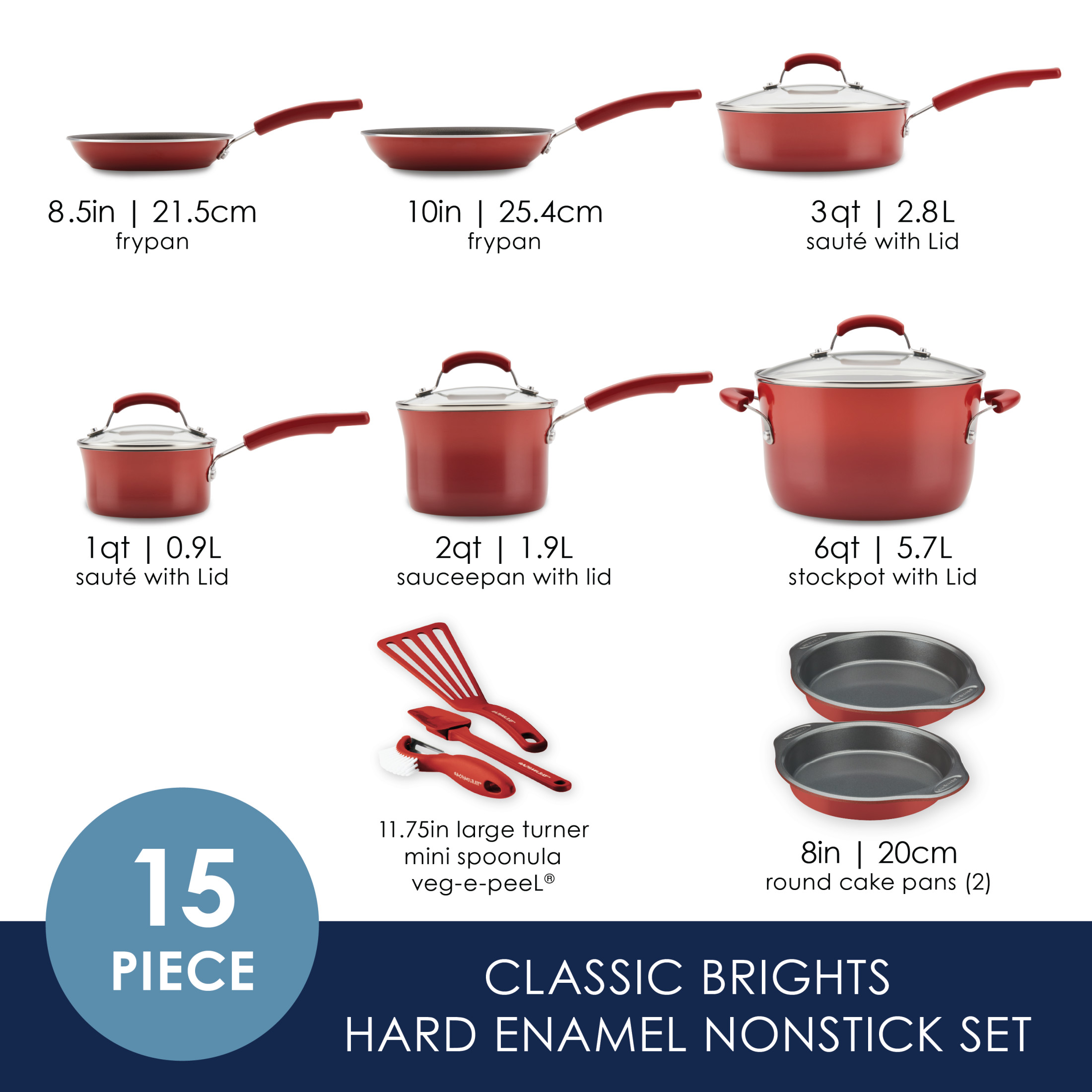Rachael Ray Classic Brights 15 Piece Nonstick Pots and Pans, Red Gradient - image 3 of 17