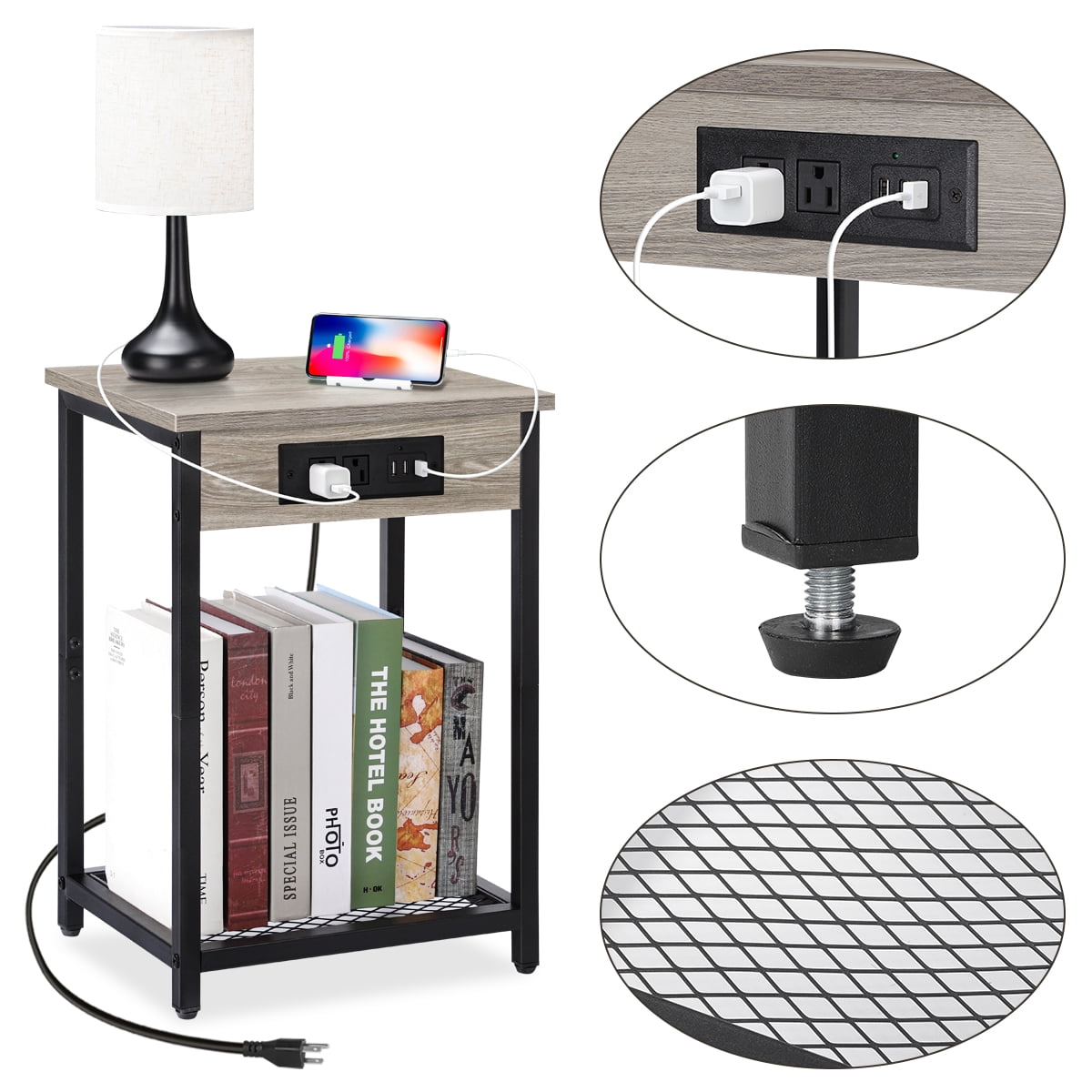 Oumilen Adult Nightstand End Table with Charging Station Gray, Set of 2