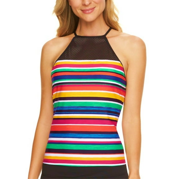 Chaps Multicolor Striped High-Neck Mesh Tie-Back Tankini Top Swimwear Women's 8