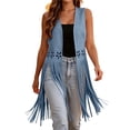thumbnail image 2 of Chiccall Women's Solid Faux Suede Fringe Vest, Sleeveless Open Front Long Cardigan Vest, Western Cowboy Style Tassel Sleeveless Layering Jacket, 2 of 10