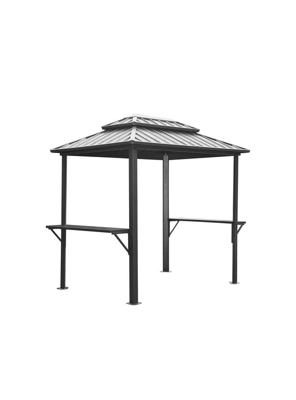 TYAQYF Grill Gazebo 8'  6', Aluminum BBQ Gazebo Outdoor Metal Frame with Shelves Serving Tables, Permanent Double Roof Hard top Gazebos for Patio Lawn Deck Backyard and Garden (Grey)