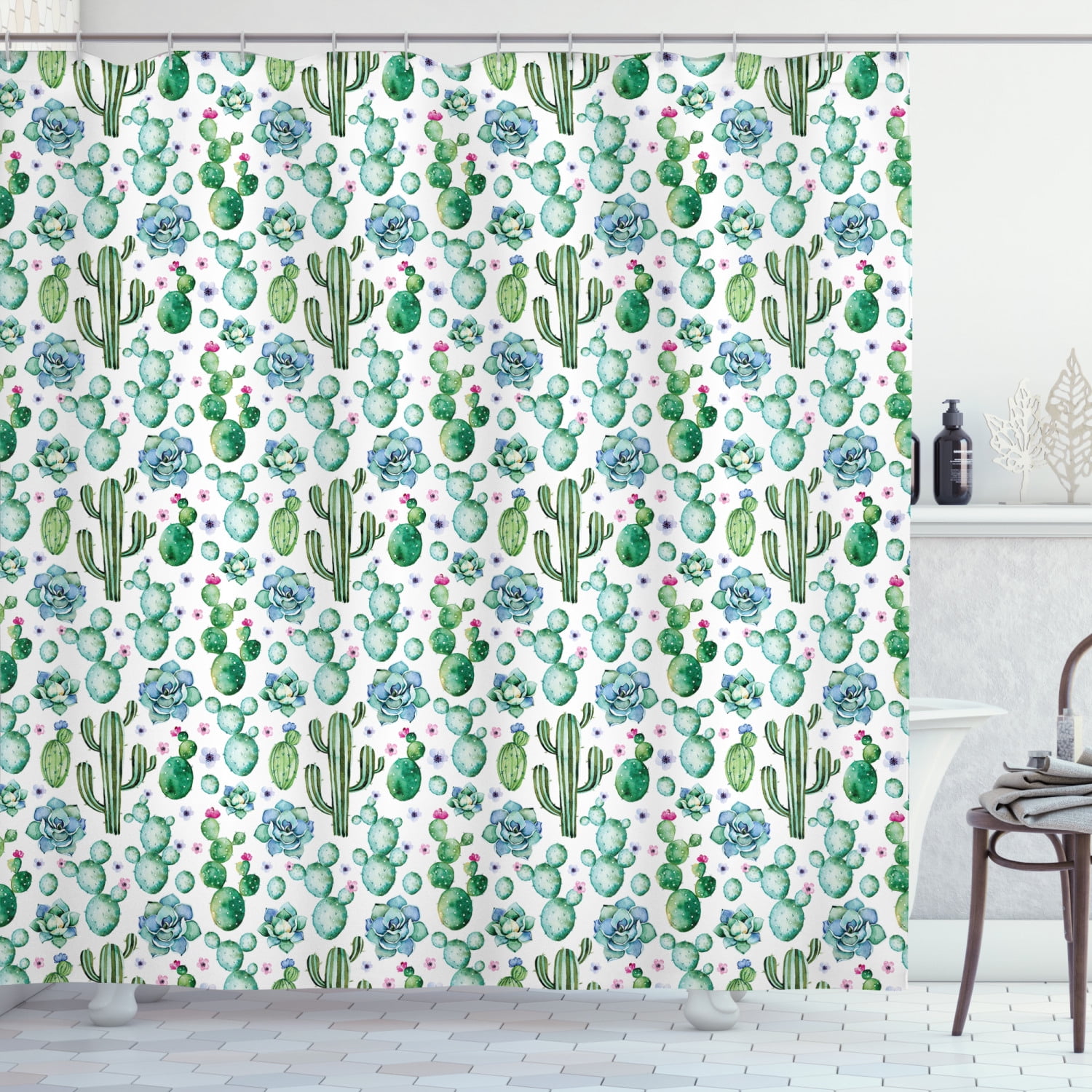 Bathroom Waterproof Fabric Shower Curtain Set Various Succulents Plants Pattern 