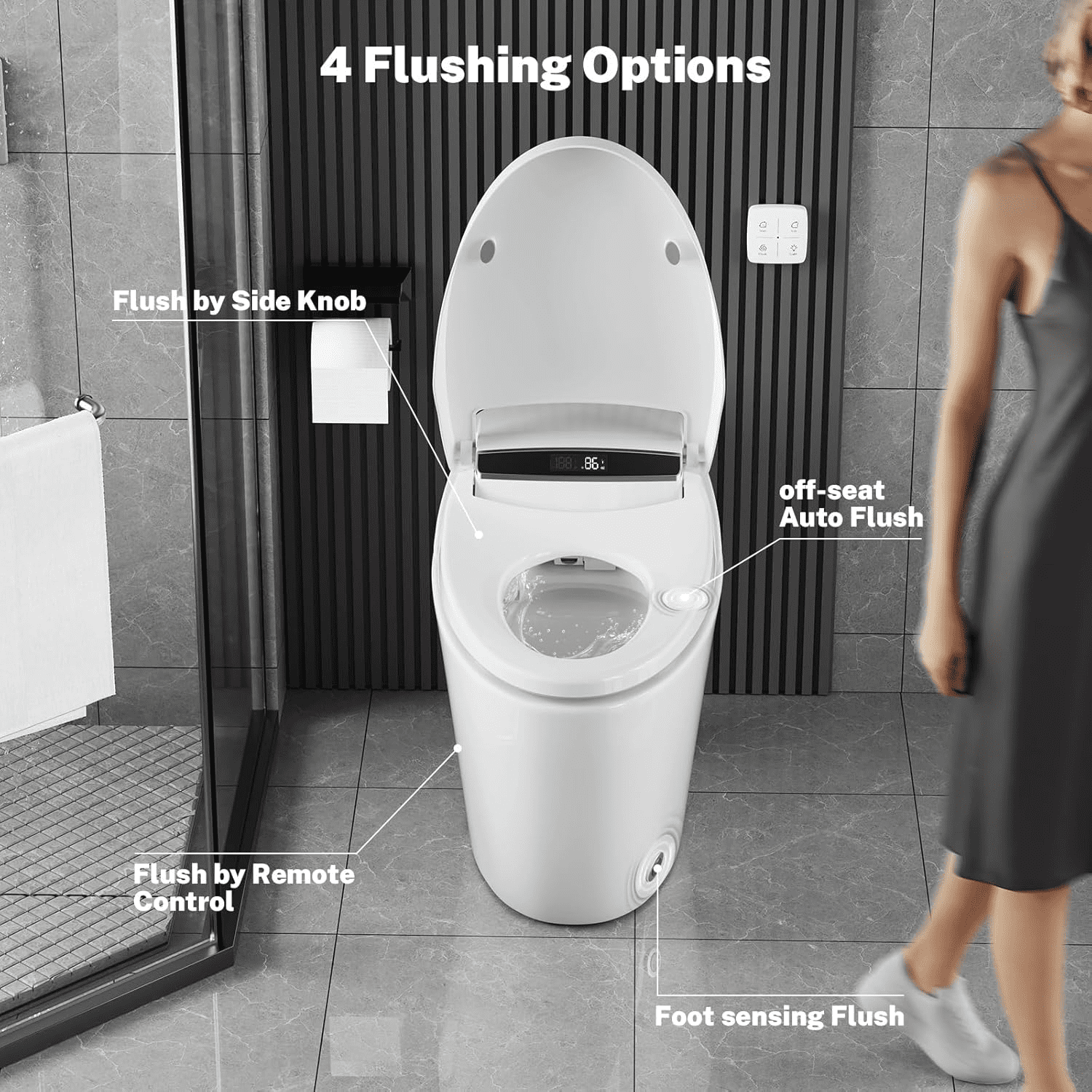 Smart Toilet with Heated Seat and Night Light, Tankless Toilet, Modern One-piece Toilet Standard Comfort Height Toilet with Auto Flush, Automatic Opening and Closing of Flap/Seat, Slow Close