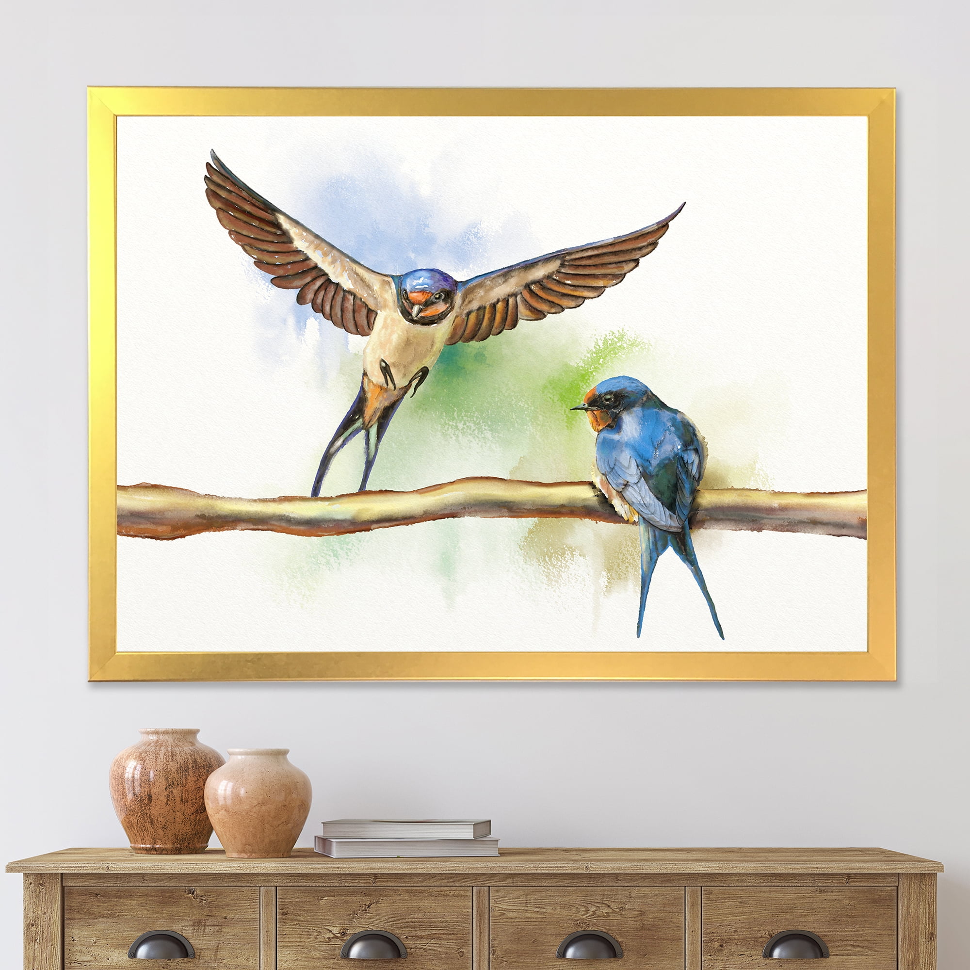 Designart 'Two Barn Swallows Birds On Branch' Farmhouse Framed Art Print