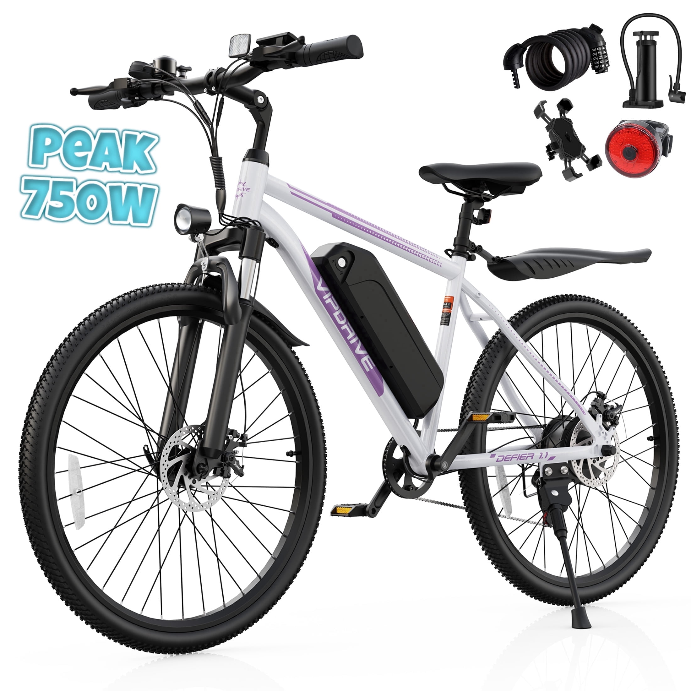 VIPDRIVE Electric Bike for Adults 26", 750W Peak Ebike, 48V 7.8AH Removable Battery，Up to 40 Miles 20MPH Electric Mountain Bike，Front Fork Suspension，7-Speed Shimano Gears，UL2849