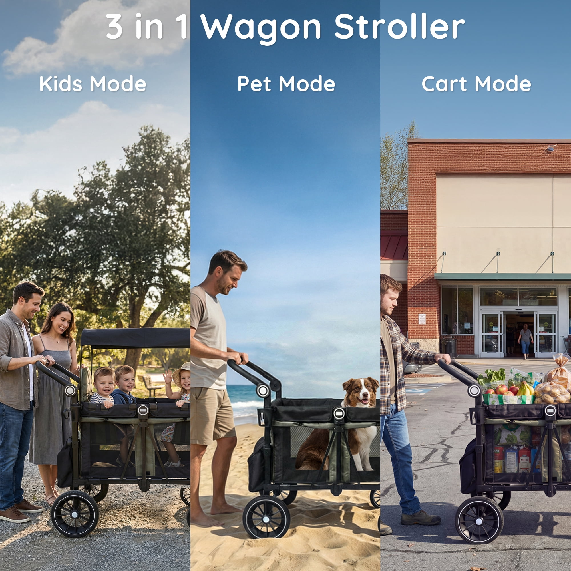 LINLUX Wagon Stroller for 4 Kids, Stroller Wagon 4 Seats w/Adjustable Handle, Detachable Tray, Green