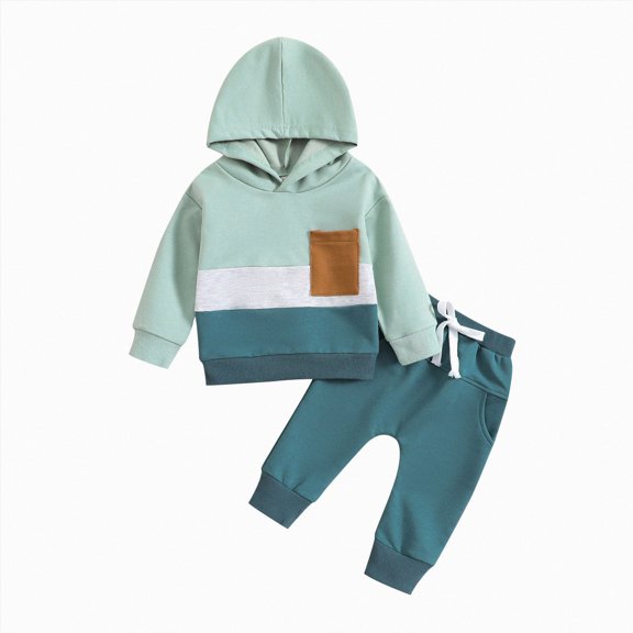 Zuwimk Patchwork Color Baby Hoodie Set 2PC Top Pants Outfit for Unisex Infants 3M-3Y Daily Wear(Green,6-12 Months)