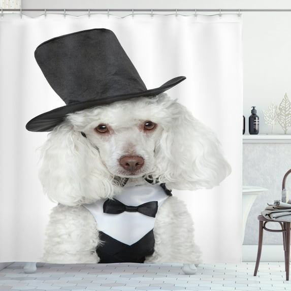 Dogs Shower Curtain, Sad Looking Furry Portrait in a Waistcoat and Hat Animal Theme, Fabric Bathroom Set with Hooks, 69W X 84L Inches Extra Long, Dark Grey White and Umber, by Ambesonne