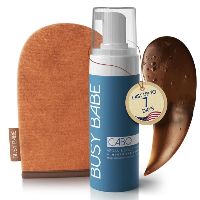 Busy Babe CABO Autobronceador en mousse autobronceador con manopla - Logre un maravilloso bronceado impecable bañado por el sol para todo tipo de piel y tonos Mousse bronceador sin sol para subtono (B