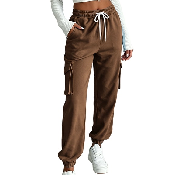 Naotn Cargo Jogger Sweatpants for Women Casual Athletic Workout Elastic Drawstring Waist Pants with Side Cargo Pockets Brown S
