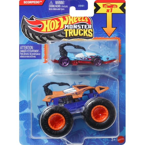 Hot Wheels Monster Truck & Car, 1:64 Scale Die-Cast Truck & Car (2 Vehicles) (Styles May Vary)