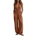 thumbnail image 4 of Tqcoqu Women's Halter Deep V Neck Rompers,Elastic Waist Wide Leg Linen Blend Jumpsuit with Pockets,Brown Women's S-XXXL, 4 of 9