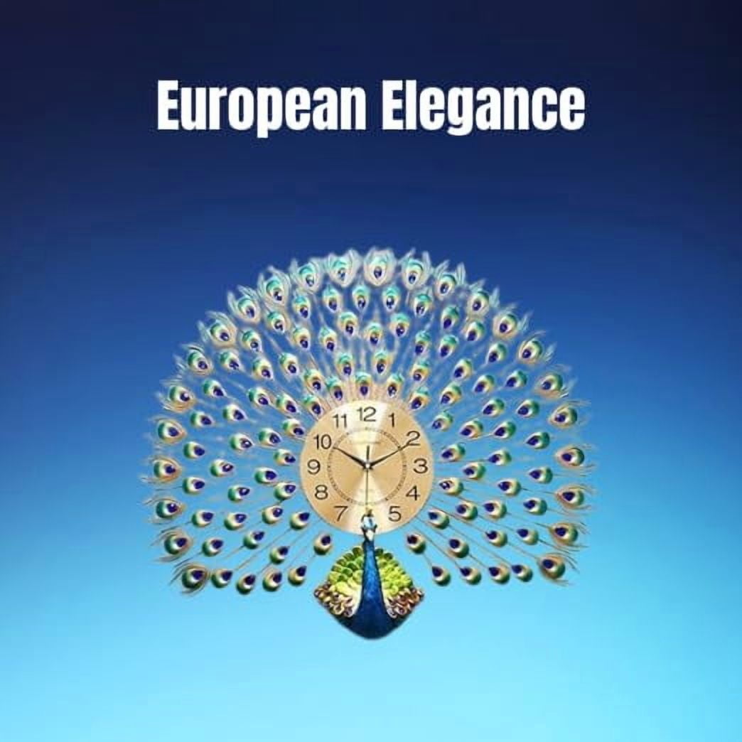 MONK FOREST European Peacock Wall Clock - Exquisite Crystal Luxury Home Decor with Metal Blue Bird - Ideal for Living Room - Creative Artistic Timepiece