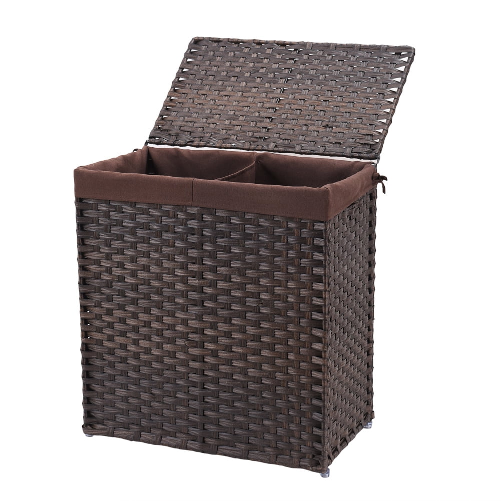 Private Jungle Divided Laundry Hamper,Synthetic Rattan Handwoven Clothes Laundry Basket with Lid and Handles,Foldable,Removable Liner Bag,Brown Private Jungle Divided Laundry Hamper,Synthetic Rattan Handwoven Clothes Laundry Basket with Lid and Handles,Foldable,Removable Liner Bag,Brown
