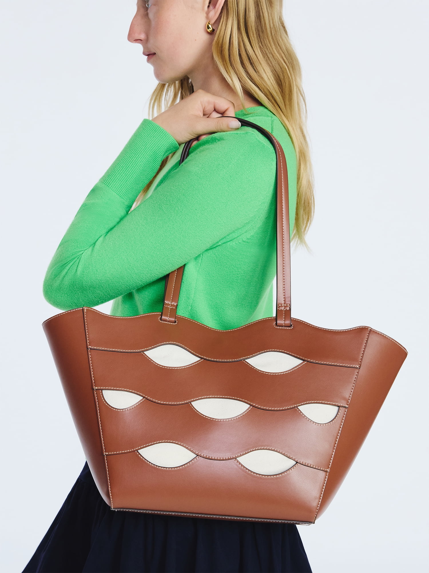 Free Assembly Women's Allegra Faux Leather Cut Out Tote Handbag, Cognac/Cream