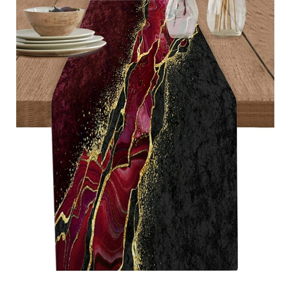 Table Runner Dresser Scarves 90 Inch Long, Modern Abstract Agate Peacock Stone Linen Dining Table Runners Dark Red and Black Marble Tabletop Scarf for Wedding Holiday Party Kitchen