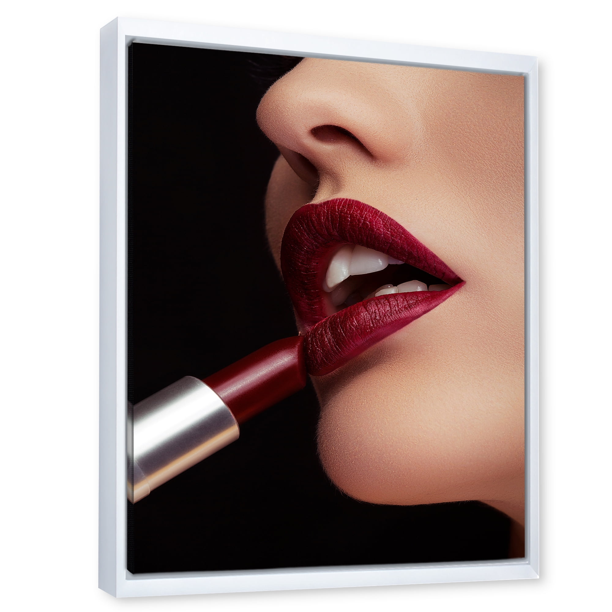 Designart 'Woman Applying Red Lipstick On Lips I' Modern Framed Canvas Wall Art Print