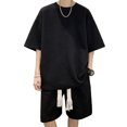thumbnail image 1 of Conjunto de 2 piezas de verano para hombre, camisas y pantalones cortos de manga corta de punto gofre, chándal informal elegante para uso diario en la calle al aire libre, negro XL, 1 of 8