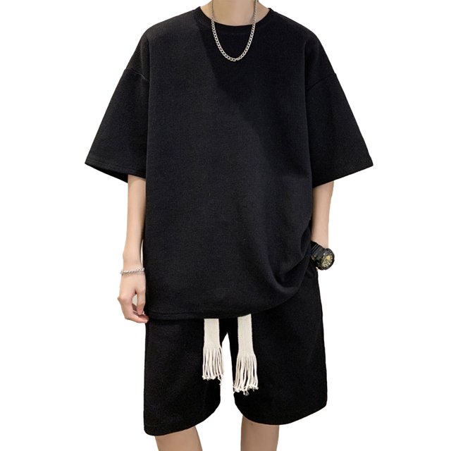 Conjunto de 2 piezas de verano para hombre, camisas y pantalones cortos de manga corta de punto gofre, chándal informal elegante para uso diario en la calle al aire libre, negro XL