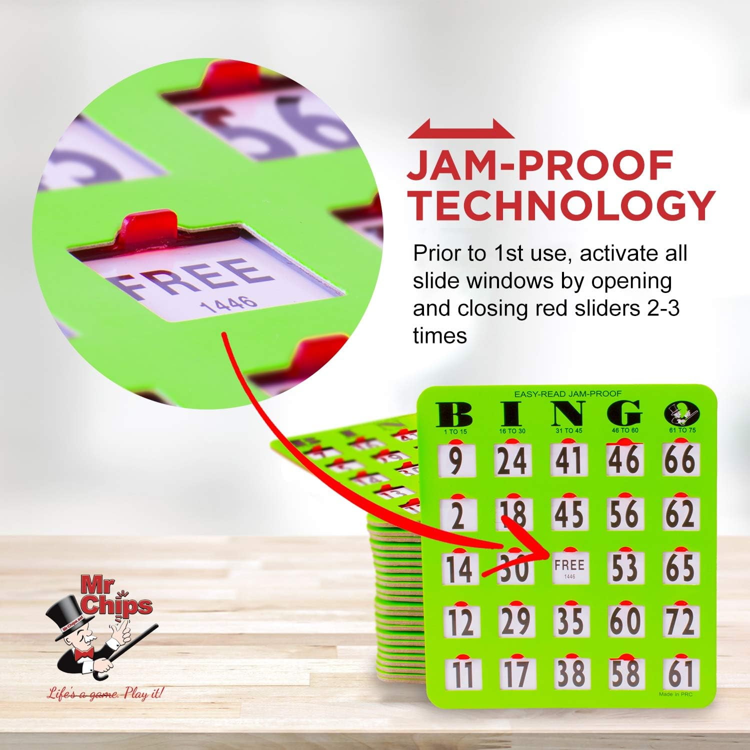 MR CHIPS Jam-Proof Easy-Read Large Print Fingertip Bingo Cards with Sliding Windows — Green, 10 Pack — for Seniors, Nursing Homes & Large Groups