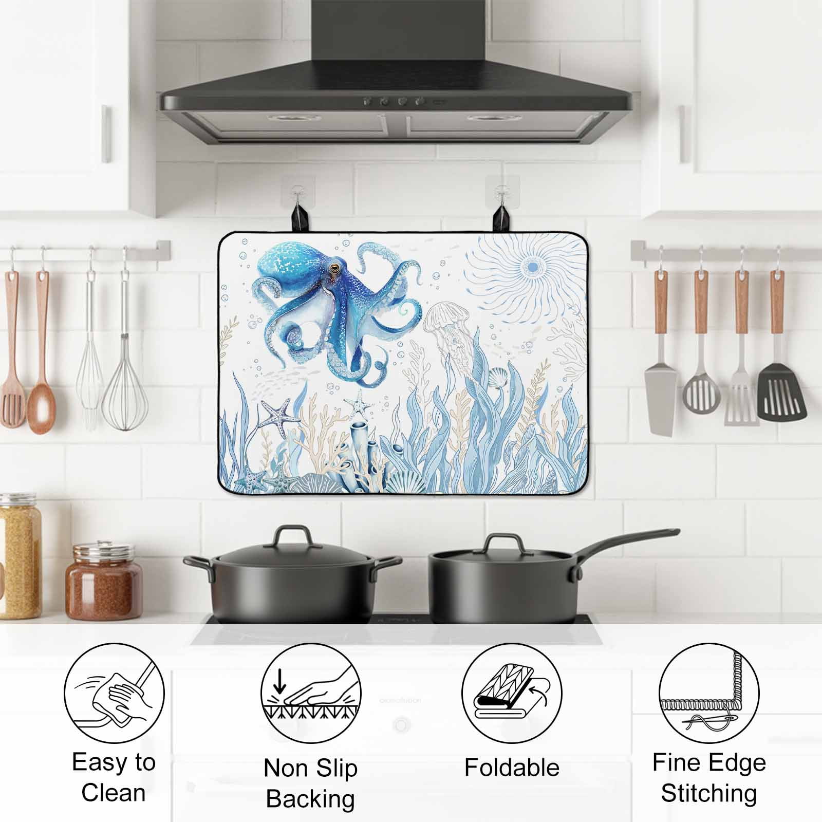Blue Octopus Coastal Stove Top Cover for Electric Stove, Heat-proof & Non Slip Glass Top Stove Cover Protector, Summer Beach Nautical Ocean Coral Starfish Kitchen Flat Cooktop Rubber Mat 24x21 Inches
