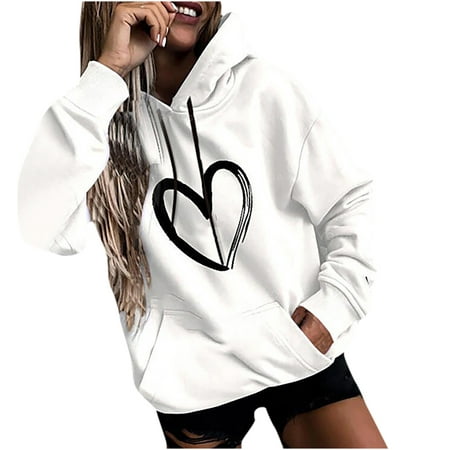JSGEK Ladies Fashion Heart Printed Loose Long Sleeve Sweatshirt Solid Color