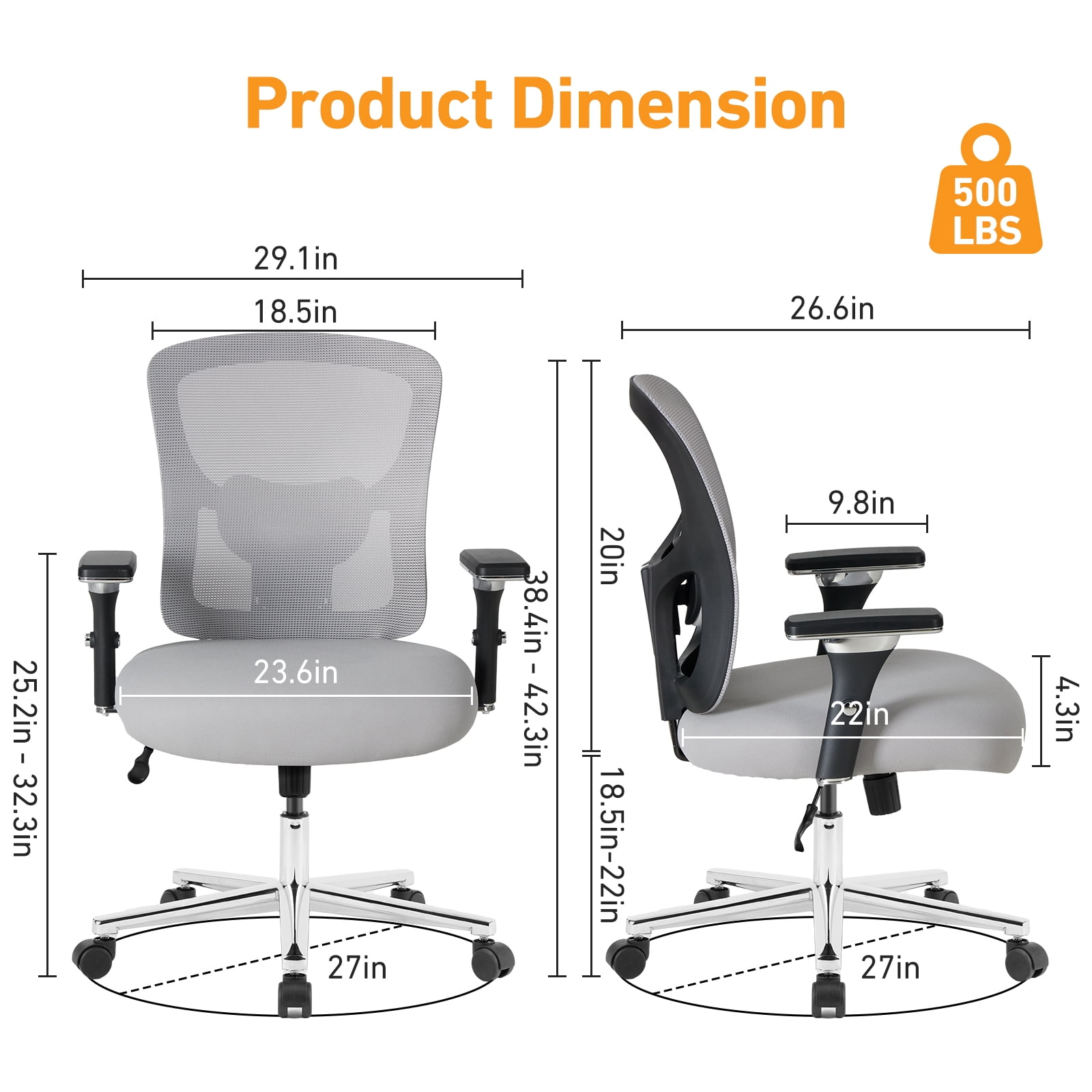 CONCETTA Heavy-Duty Big & Tall Mesh Office Chair, Ergonomic Desk Chair with Lumbar Support, Adjustable 4D Armrests & Adjustable Backrest, Swivel Wheels, 500 lb Capacity — Gray