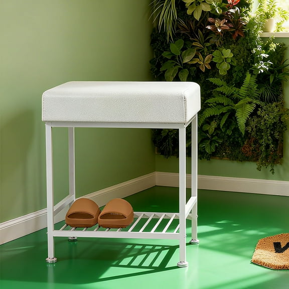 Vanity Stool with Storage, 19 Inch Faux Leather Ottoman Foot Rest Stool, Makeup Stool with Metal Legs for Bedroom, Living Room, Bathroom, White