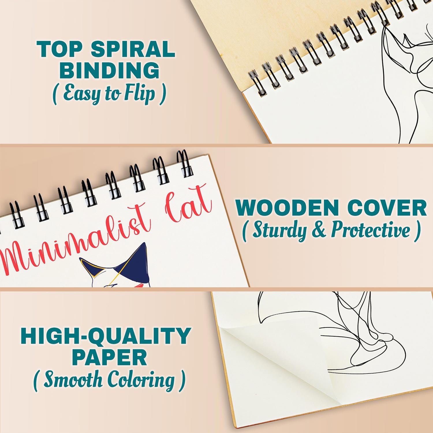 Netecom Minimalist Cat Coloring Book for Adults, A5 Wooden Cover, 30 Simple Coloring Pages of Feline Serenity for Stress Relief and Relaxation, Spiral Bound Edition