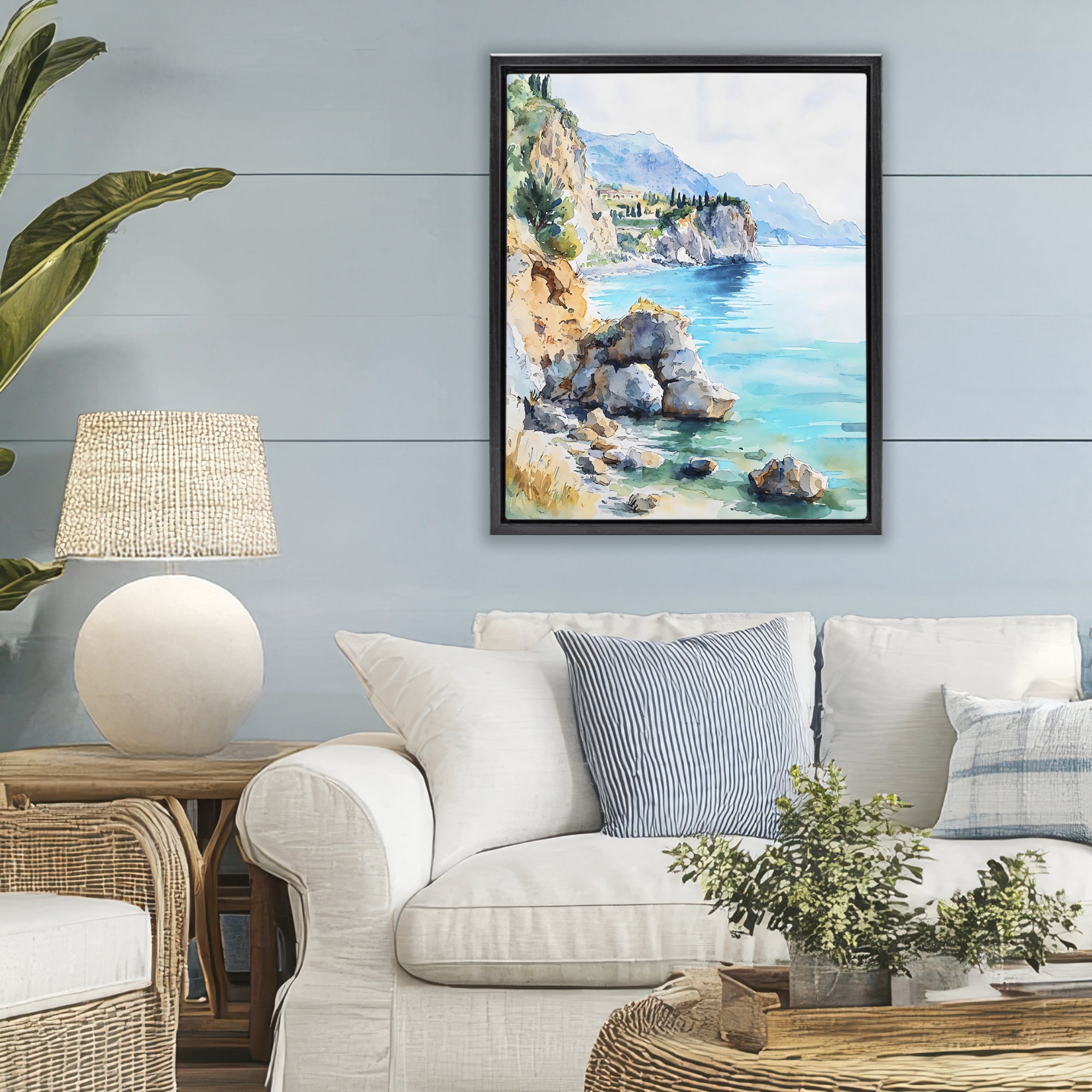 Stupell Industries Azure Italian Coastline Black Framed Floater Canvas Wall Art, design by LSR Design Studio
