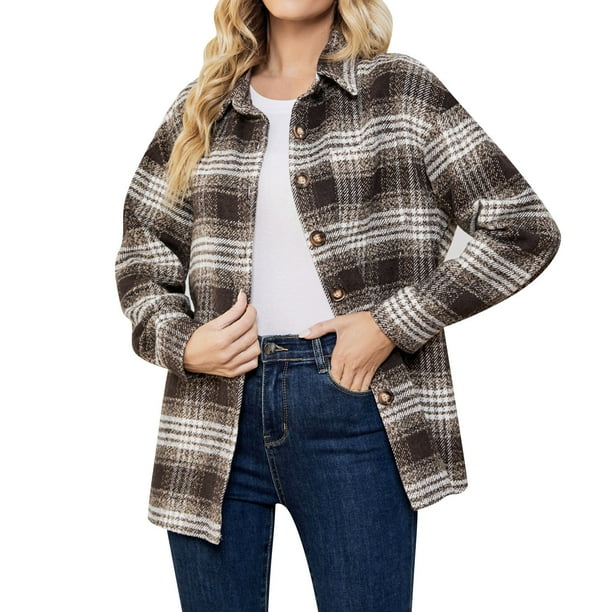 Abrigo Gibobby para mujer Chaqueta de otoño botones y bolsillos a cuadros caqui XL