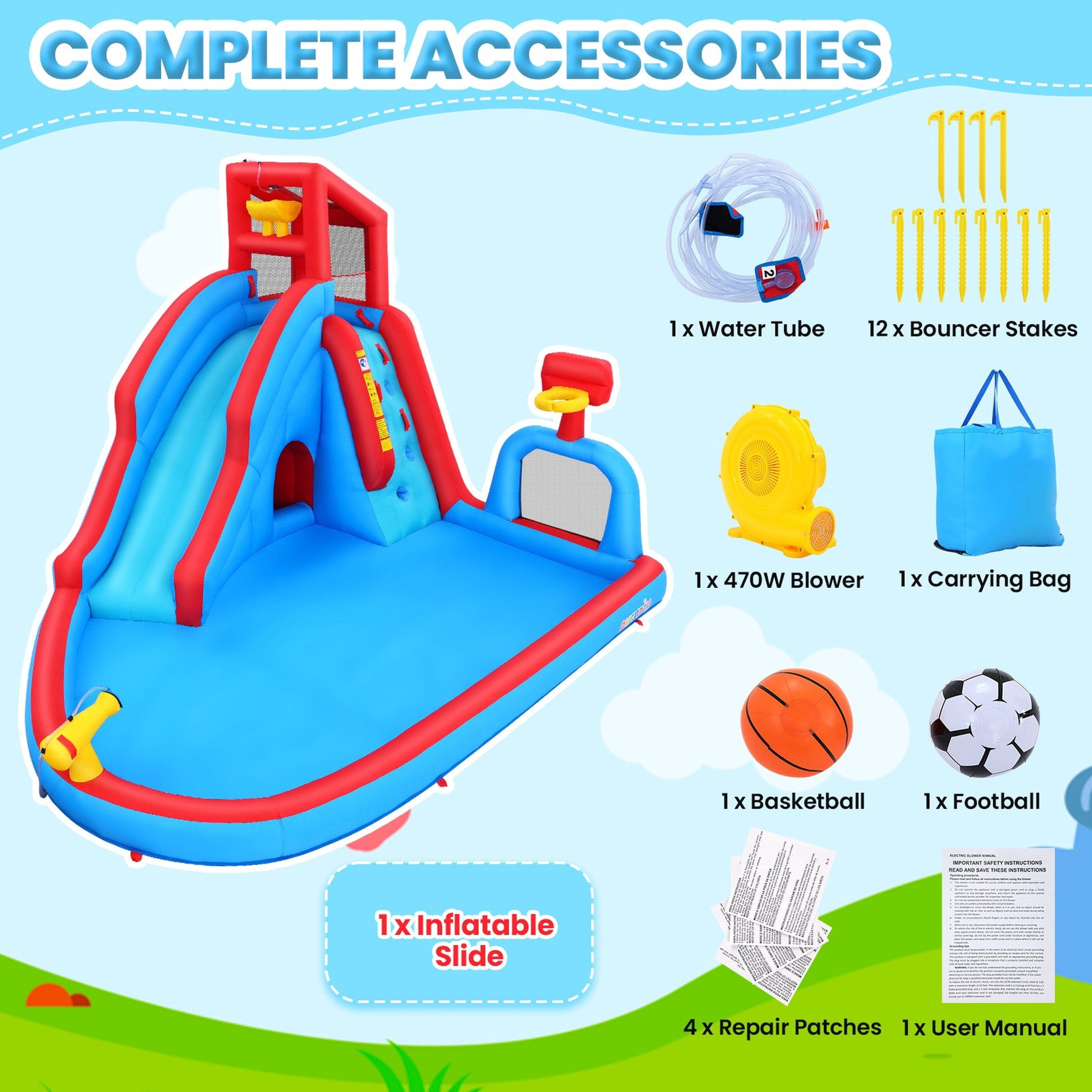 Funcid Water Slide Inflatable Bounce House - Kids Backyard Water Park with Climbing Wall, Long Slide, Pool & Basketball Hoop