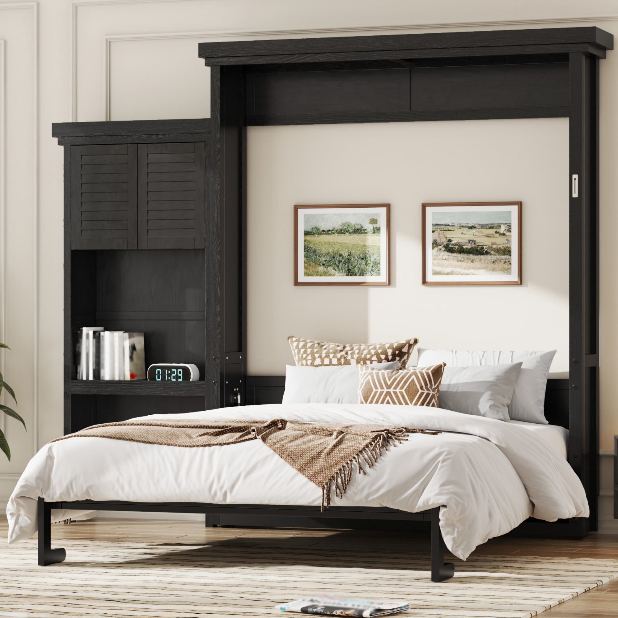 Queen Size Murphy Bed with Convertible Multiple Storage Shelves for Small Space, Guest Room