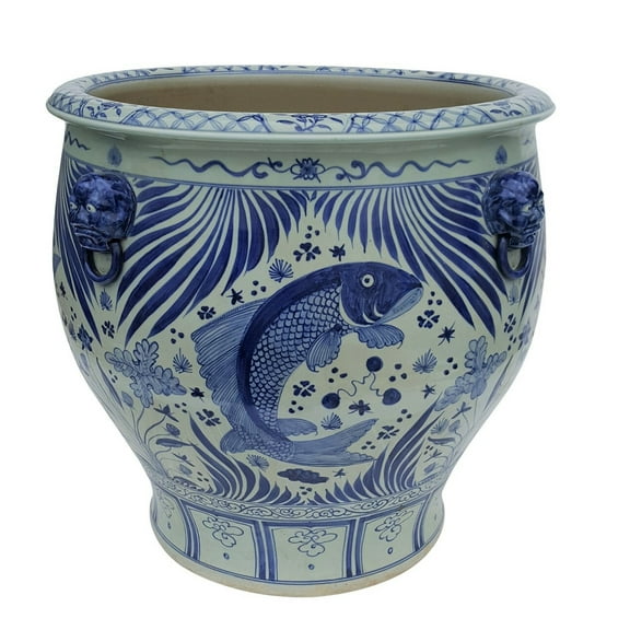 Blue & White Porcelain Planter Asian Koi Fish Design, 16" Diameter