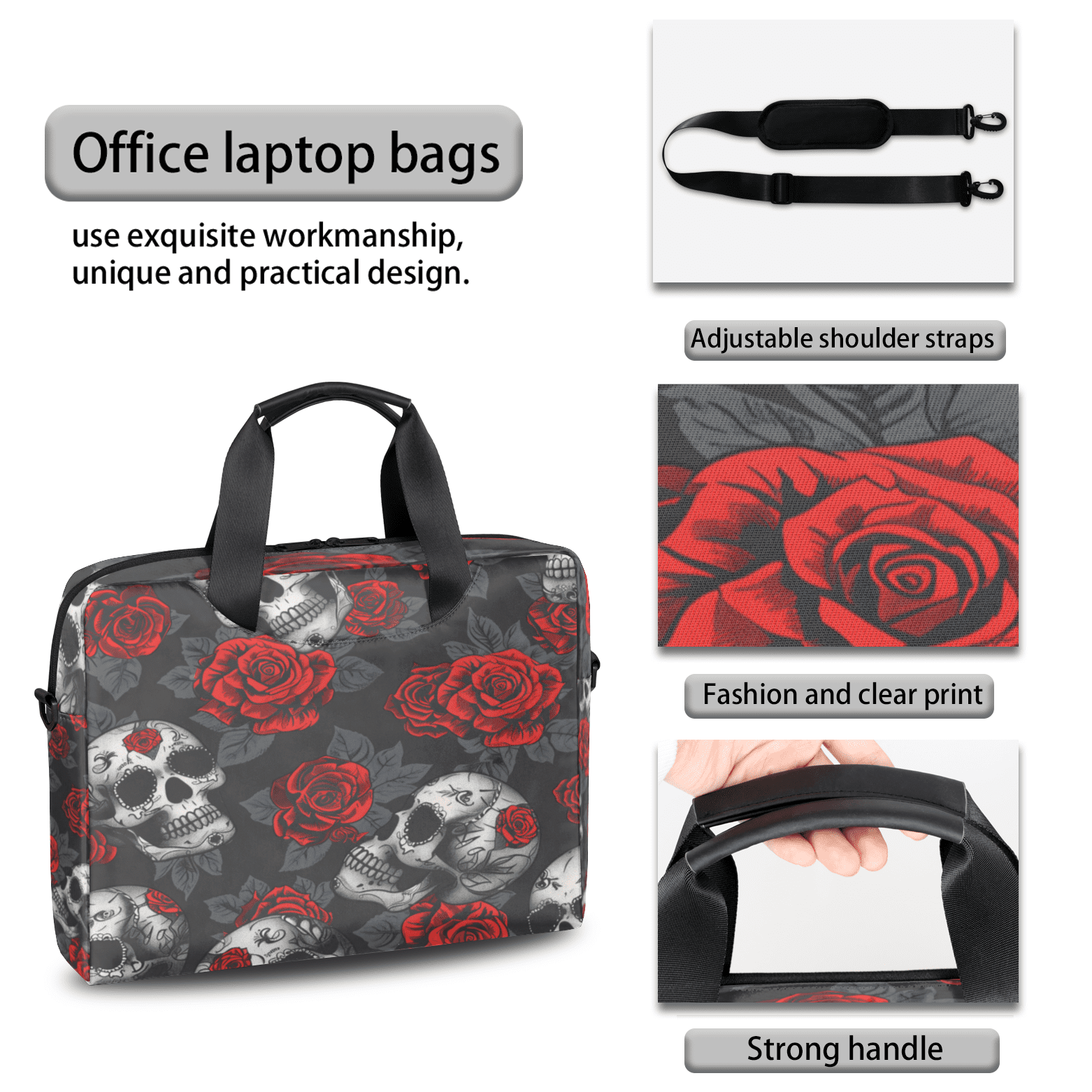 Herdesigns Skulls And Roses Laptop Bag for Women Men, Computer Case Briefcase Messenger Bags, 15-15.6 inch Laptop Sleeve Shoulder Bag