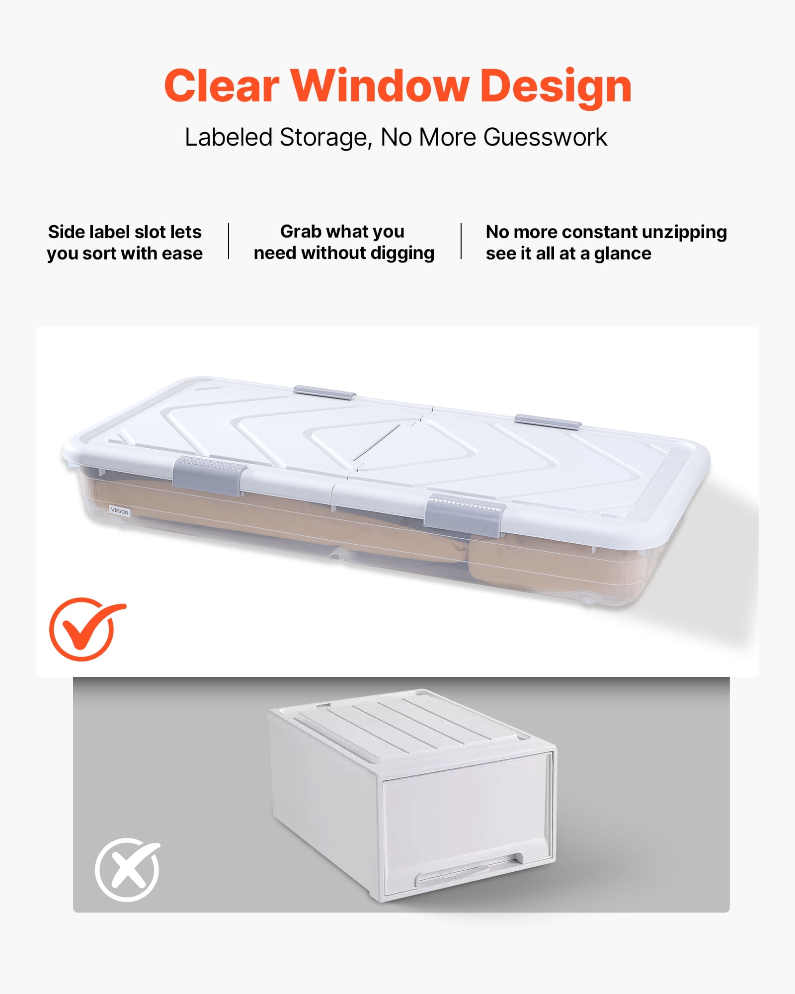 VEVOR Under Bed Storage with Wheels, 31.7 x 15.6 x 6.9 inch Underbed Containers, Underbed Shoes Organizer with Lid & Gray Latch, Rolling Under the Bed Storage Bins for Clothes Shoes Blankets, 4 Pack