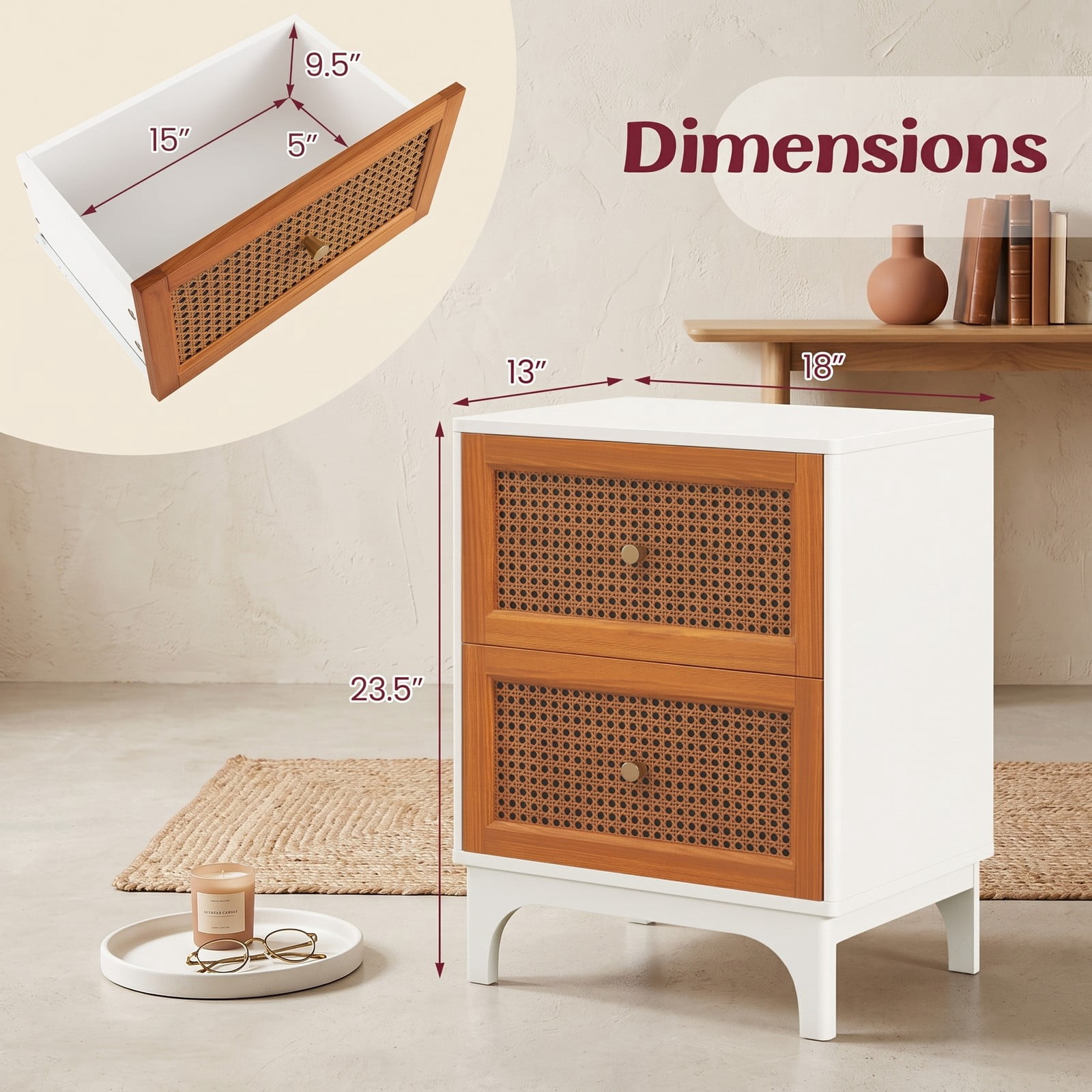 Furnibear Boho Accent Nightstand with 2 Handwoven Rattan Drawers and Solid Wood Legs plus Golden Knobs for Bedroom, White
