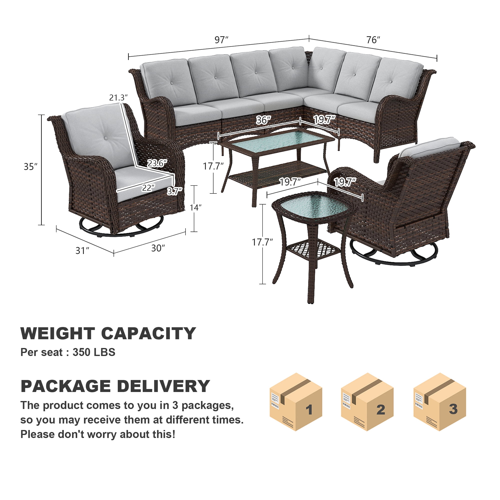 Baner Garden 10 Pieces Outdoor Patio Furniture All-Weather Wicker Sectional Conversation Set with 2 Swivel Chairs & 2 Coffee Tables