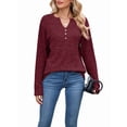 thumbnail image 3 of Women Long Sleeve Shirts Dressy Casual Button V Neck Pullover Sweaters Jumper Tops Fall Outfits Wine Red S, 3 of 9