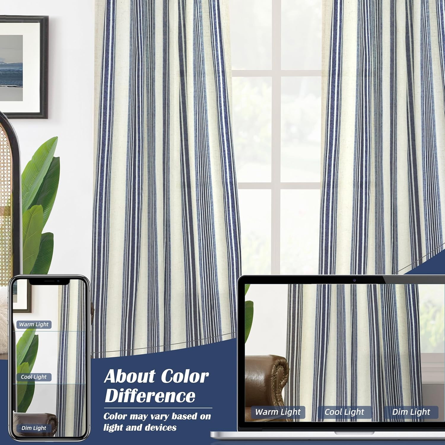 DriftAway Farmhouse Vertical Striped Linen Blend Textured Light Filtering Semi Sheer Curtains for Living Room Bedroom 108 Inches Long Drapes 2 Panels Broad Striped Linen Dark Blue