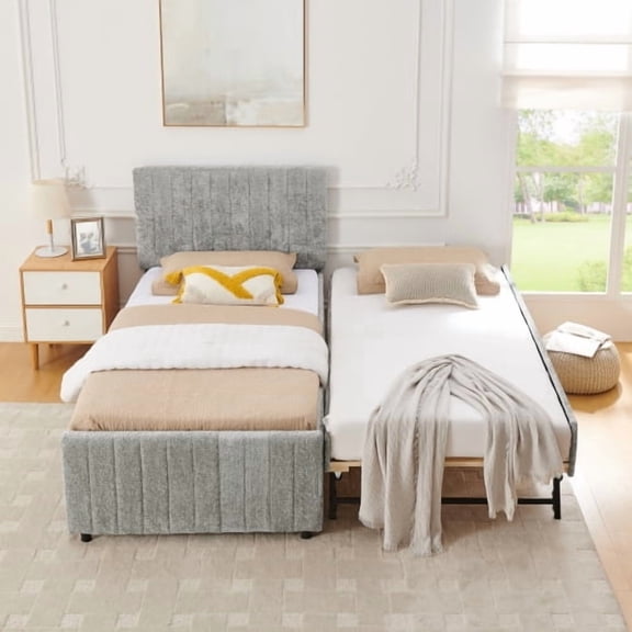 Twin Size Upholstered Daybed with Hidden Pull-Out Trundle, 2-in-1 Single to Double Guest Bed with High Padded Backrest, Space-Saving for Bedroom and Guest Room, Gray Chenille