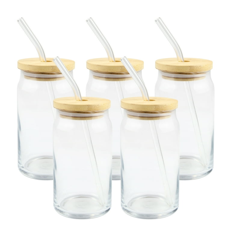 4 Pack Sublimation Glass Cups with Bamboo Lid Clear Glass Beer