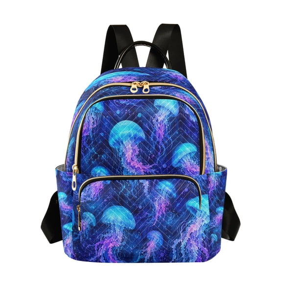 Qxltty Quilted Backpack for Women, Blue Glowing Jellyfish Travel Daypack with Front Pocket for Casual Daily Use