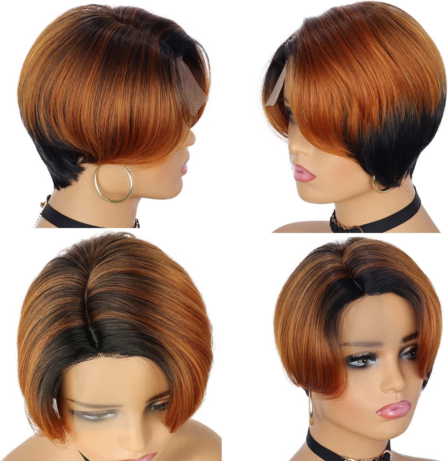 Short Bob Wigs Pixie Cut Wigs Human Hair Wigs for Women 13*1 T Part Lace Wigs Ladies Wigs Side Part 6 Inch Black mixed Ginger Blond