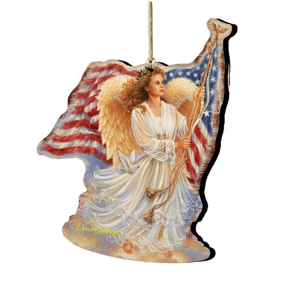 Designocracy Set of 2 Angel Waving American Flag Wooden Christmas Ornaments 5.5"