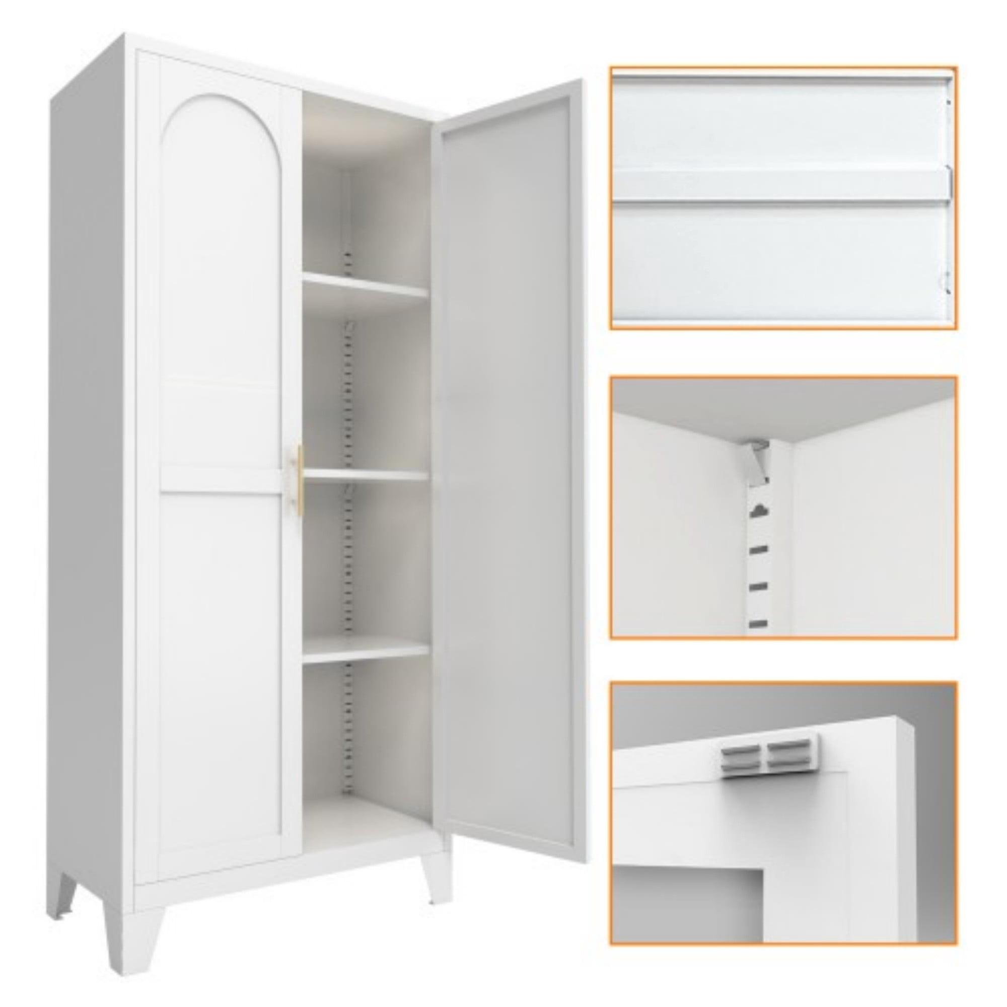 61" Metal Storage Cabinet with Adjustable Shelves, Tall Steel Storage Cabinet with Doors for Bedroom, Kitchen, Office, White