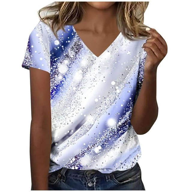 Blusas de Manga Corta para las Mujeres Impresión de Verano V-Cuello Blusa de Manga Corta, Poliéster Casual Top para las Mujeres, Lavado a Mano Toda la Temporada