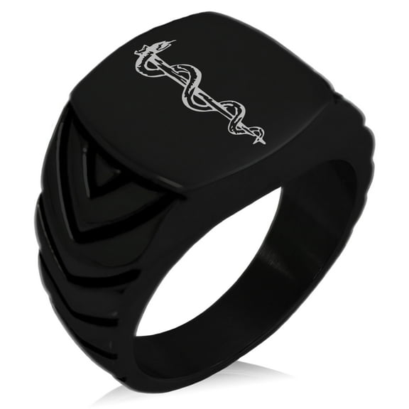 Stainless Steel Rod of Asclepius Chevron Pattern Biker Style Polished Ring
