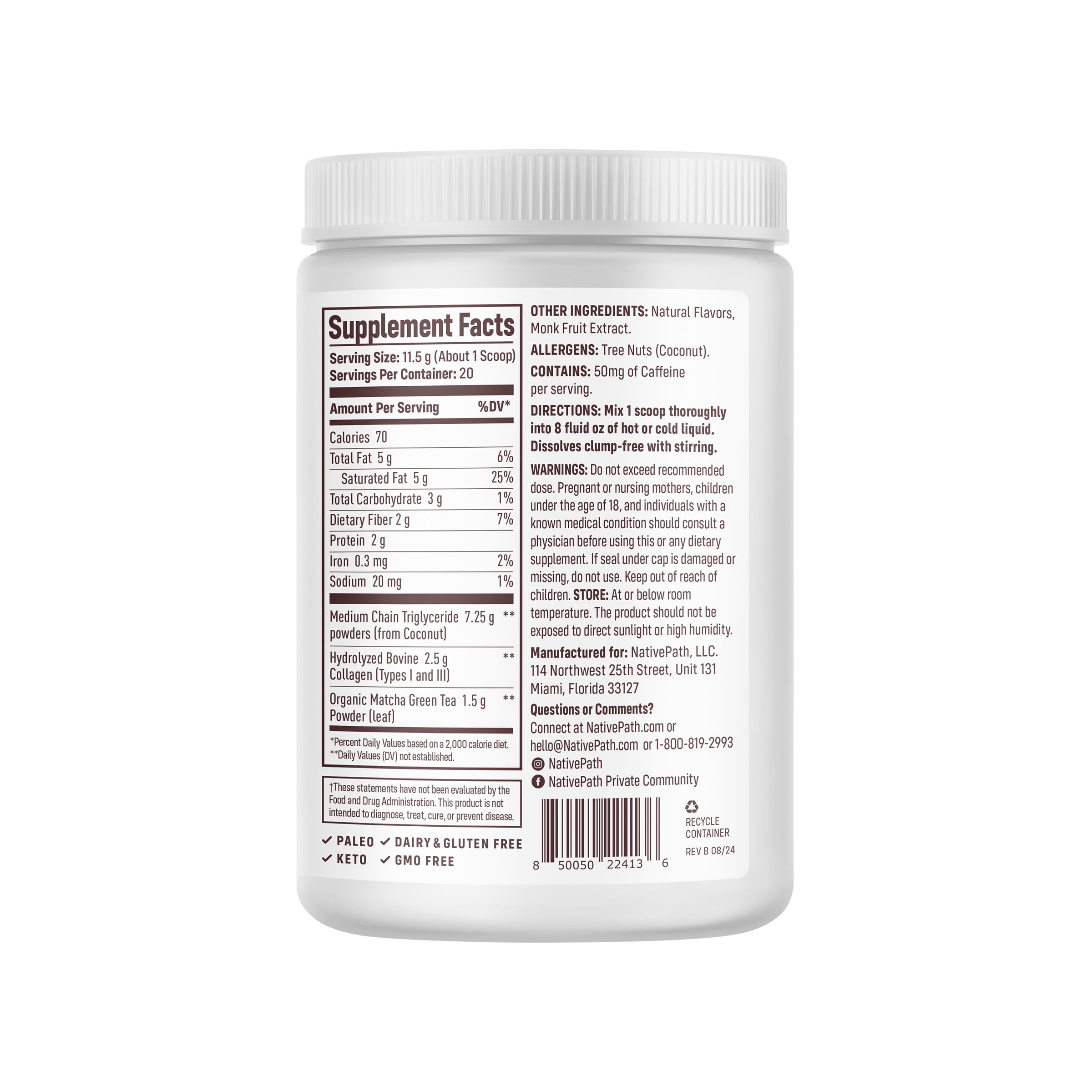 NativePath Matcha Collagen Latte Powder with MCT Oil, Organic Matcha, Keto, 20 Servings